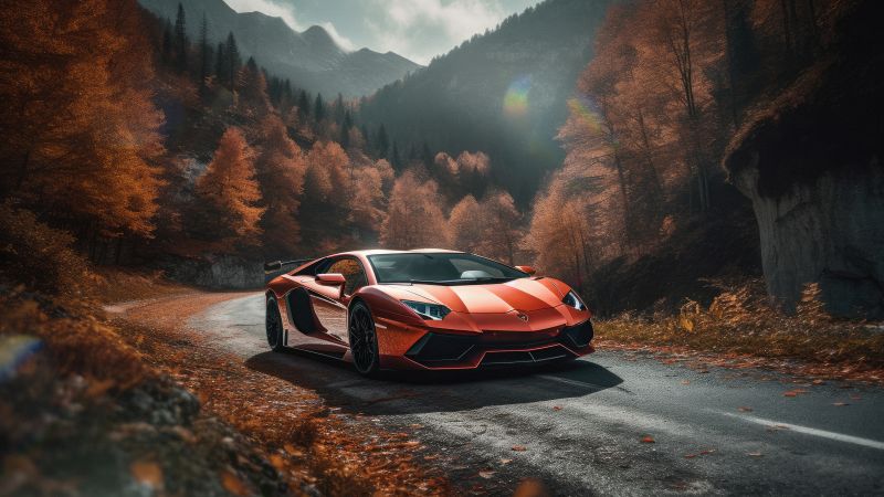Lamborghini Aventador, Autumn background, Roadway, Orange aesthetic, 5K, Autumn Scenery, AI art, Wallpaper