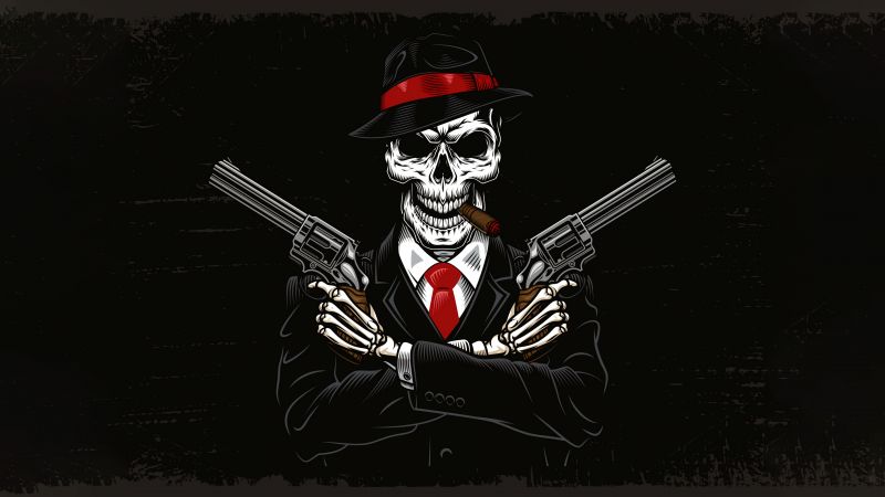 Skull, Mafia, Gangster, Black background, 5K, Wallpaper