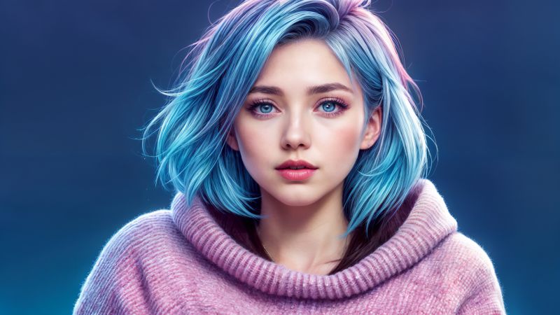 Blue eyes, Asian Girl, AI art, Blue hair, Wallpaper
