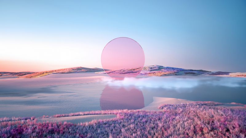 Pink aesthetic, Sunset, Landscape, Lake, Purple aesthetic, Body of Water, 5K, Wallpaper