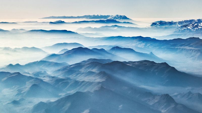 Mountain Peaks, Aerial view, Alps mountains, Cold, 5K, Foggy, Wallpaper