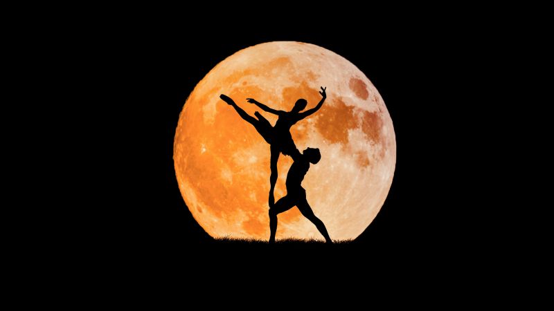 Couple, Ballet dancers, Full moon, Silhouette, Black background, Dancing, 5K, 8K, Wallpaper