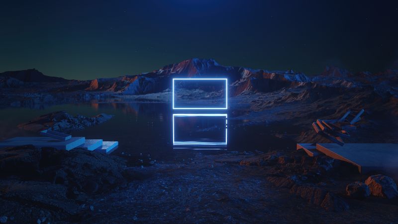 Rectangle, Neon light, Landscape, Geometric, Reflection, Dark aesthetic, Night time, Body of Water, Rock formations, Wallpaper