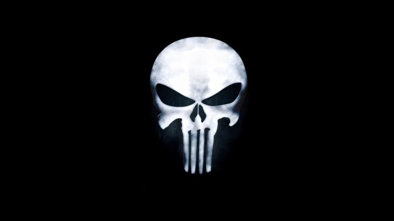 The Punisher, Skull, Black background, 5K, 8K, The Punisher logo, AMOLED, Wallpaper