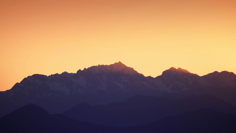 Mountains, Sunset, Silhouette, Yellow sky, Dusk, Sunrise, Seattle, Washington, Landscape, 5K, Wallpaper