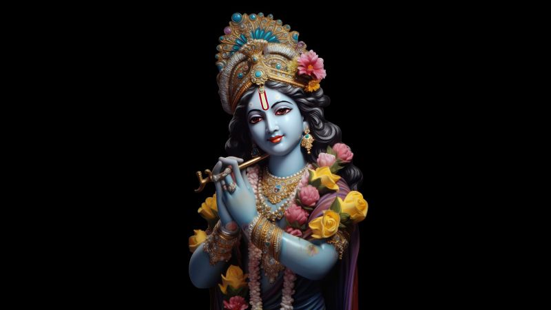 Lord Krishna, Idol, Black background, 10K, Hindu God, 5K, 8K, AMOLED, Hinduism, Wallpaper