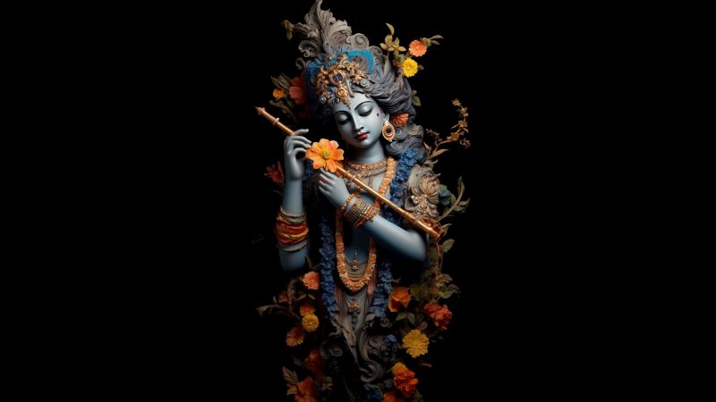 Lord Krishna, AI art, Black background, 10K, Hindu God, 5K, 8K, AMOLED, Hinduism, Wallpaper