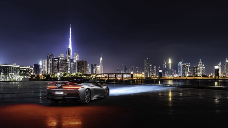 Pininfarina Battista, Dubai, Night, Cityscape, City lights, 5K, Wallpaper