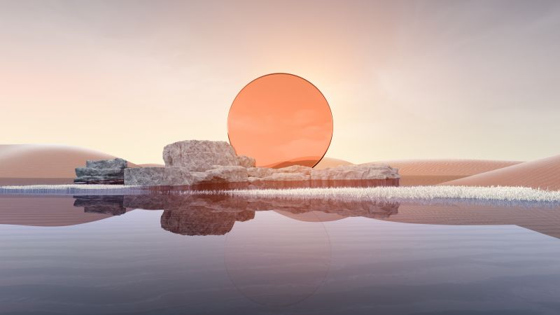 Sunset, Desert, Landscape, Digital Art, Body of Water, 5K