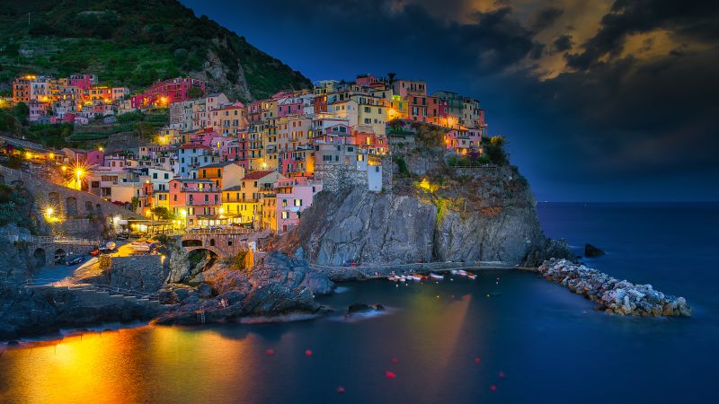 Manarola, Blue hour, Italy, Cinque Terre, Night lights, Long exposure, Seascape, Wallpaper