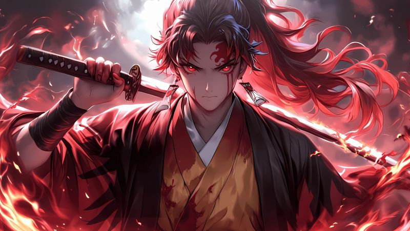 Yoriichi Tsugikuni, Katana, Demon Slayer: Kimetsu no Yaiba, 5K, Wallpaper
