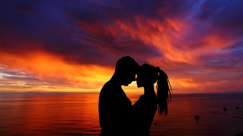 Couple, Romantic, Silhouette, Sunset, Seascape, Together, 5K, Wallpaper