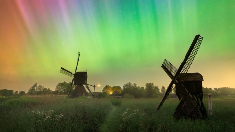 Aurora Borealis, Countryside, Northern Lights, Windmill, Colorful Sky, Wallpaper