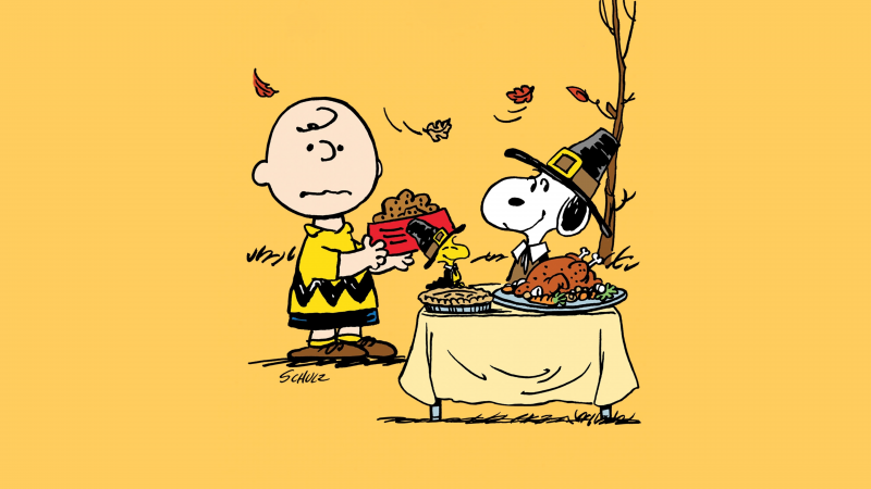 Peanuts, Thanksgiving, Charlie Brown, Snoopy, Yellow background, Cute cartoon, Wallpaper
