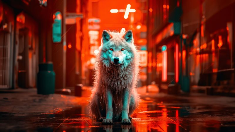 White wolf, AI art, Red background, Wallpaper