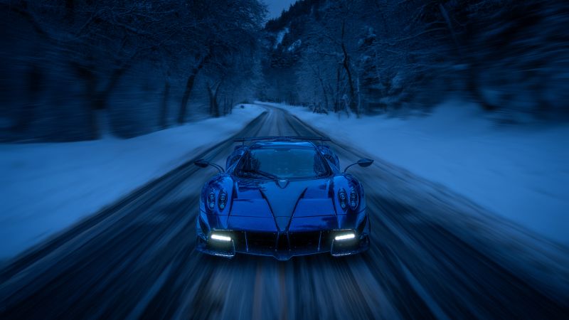 Pagani Huayra Roadster, Snow covered, Road, Winter Road, Winter forest, 5K, 8K, Cold night, Wallpaper