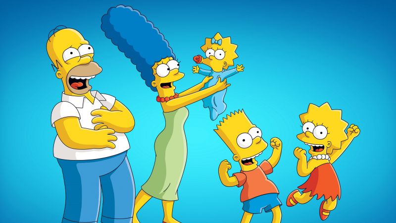 The Simpsons, Family, Homer Simpson, Marge Simpson, Bart Simpson, Lisa Simpson, Simpson family, Blue background, Cartoon, Wallpaper