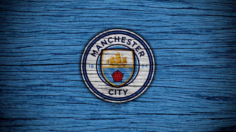 Manchester City FC, Wooden background, Premier League club, Football team, Wallpaper