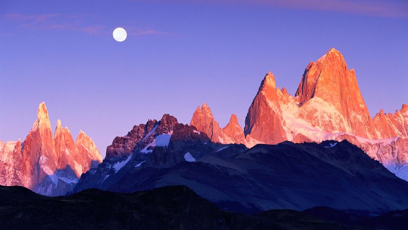 Cerro Torre, Mount Fitz Roy, Mountain Peaks, South America, Full moon