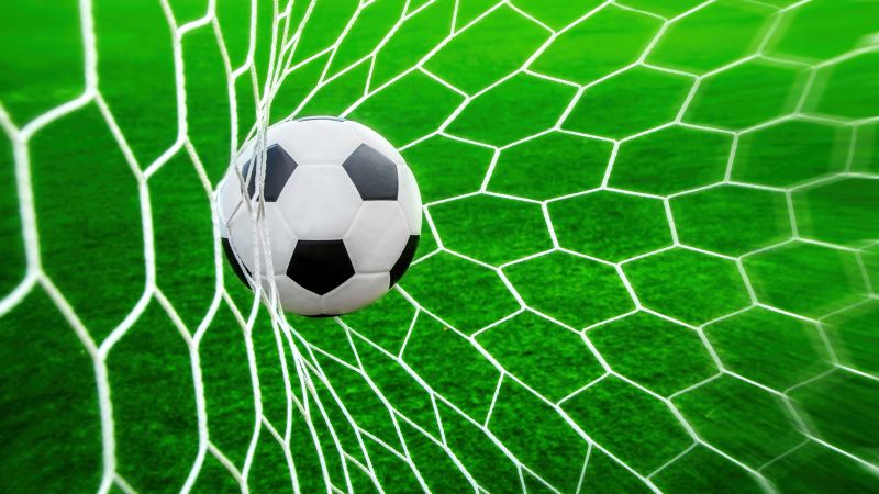 Soccer ball, Goal net, Football, Green field, 5K, Wallpaper