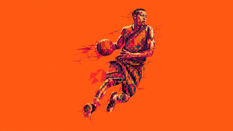 Basketball player, Low poly, Orange background, 5K, 8K, Wallpaper