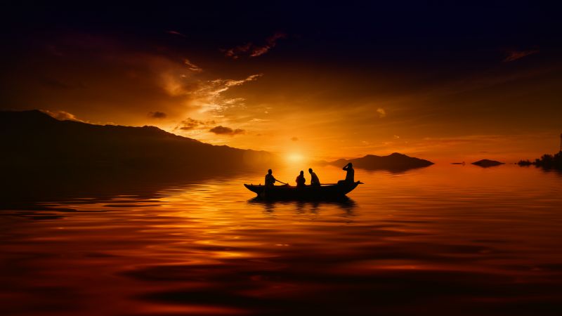 Sunset, People, Boat, Silhouette, Dusk, 5K, 8K, Wallpaper