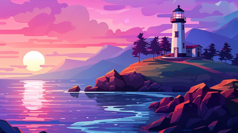 Vibrant, Landscape, Sunrise, Aesthetic, Colorful, Pink sky, Lighthouse, Sunset, Illustration, 5K