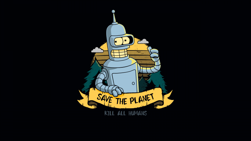 Bender (Futurama), Save The Planet, AMOLED, 5K, Black background, Cartoon, Wallpaper