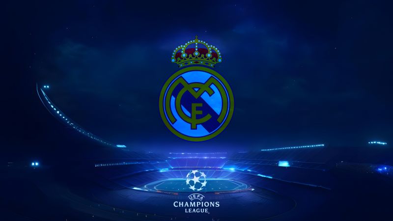 Real Madrid CF, UEFA Champions League, Logo, Football club, Stadium, Blue background, Wallpaper