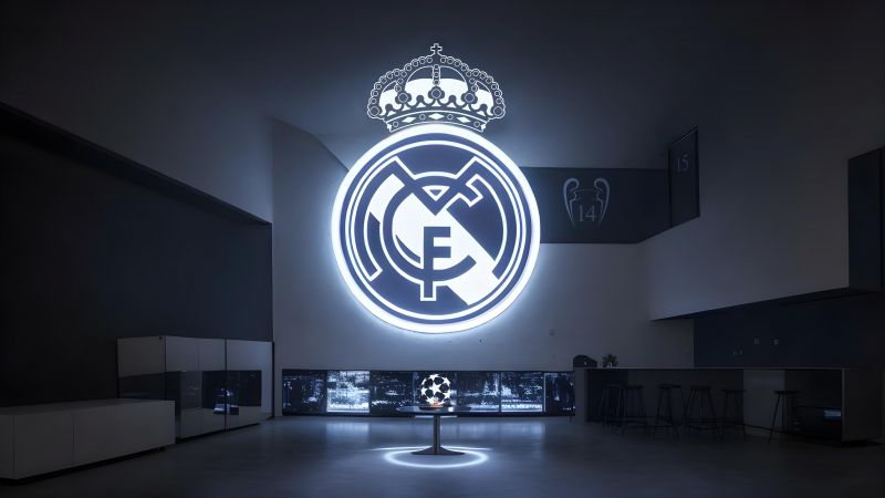 Real Madrid CF, Glowing, Logo, Football club, Wallpaper