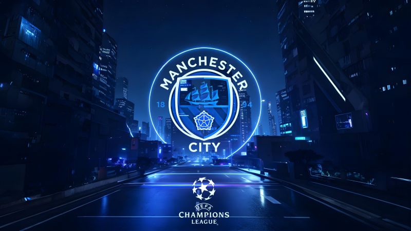 Manchester City FC, Futuristic, Neon logo, UEFA Champions League, Blue aesthetic, Football club
