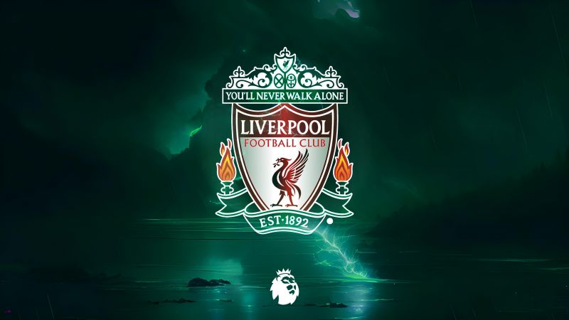 Liverpool FC, Premier League club, Football club, Logo, Green background, Wallpaper