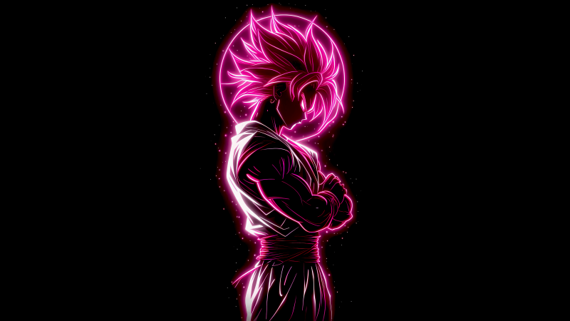 Super Saiyan Rose, Goku Black, AMOLED, 5K, Dragon Ball, Black background, Pink aesthetic, Neon glow, Wallpaper
