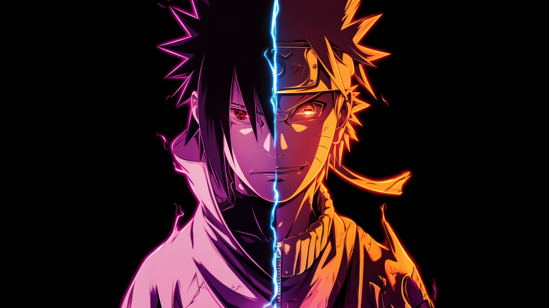 Sasuke Uchiha, Naruto Uzumaki, 5K, AMOLED, Black background, AI art, Wallpaper