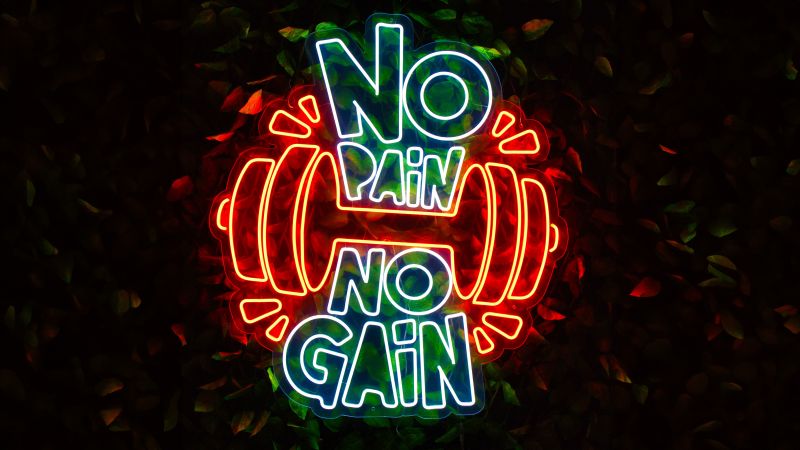 No pain No gain, Neon sign, Dark background, 5K, Glowing, Weight training, Gym, Wallpaper