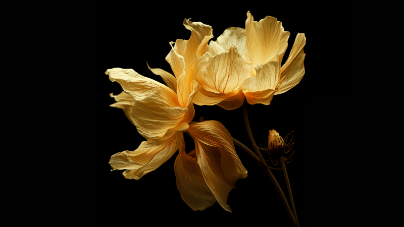 Yellow flowers, Digital render, Black background, Xiaomi, Stock, AMOLED, Digital flowers, 5K, Wallpaper