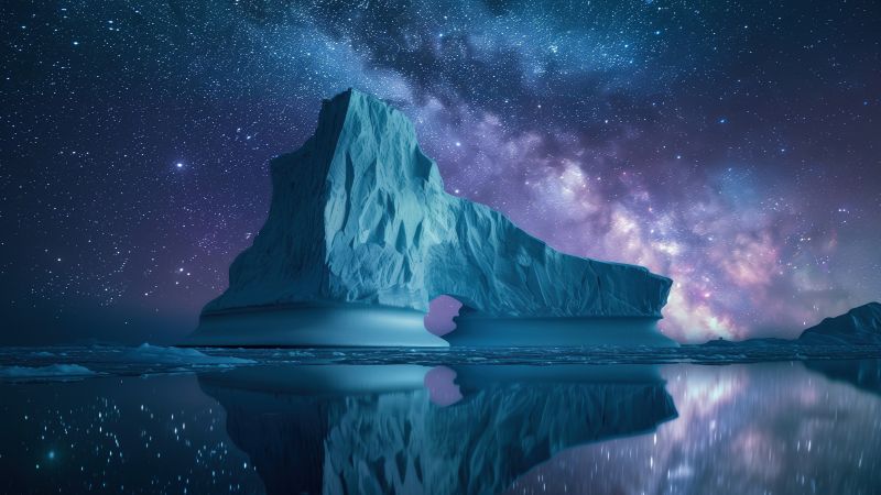 Frozen, Ice berg, Night, Patagonia, Norway, Aesthetic, Milky Way, Seascape, Reflection, 5K
