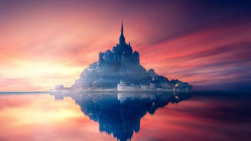 Mont Saint-Michel, Sunset, Twilight, Dawn, Reflection, Normandy, France, Aesthetic, 5K, Wallpaper