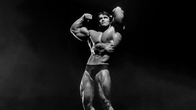 Arnold Schwarzenegger, Bodybuilder, Dark background, Monochrome, 5K