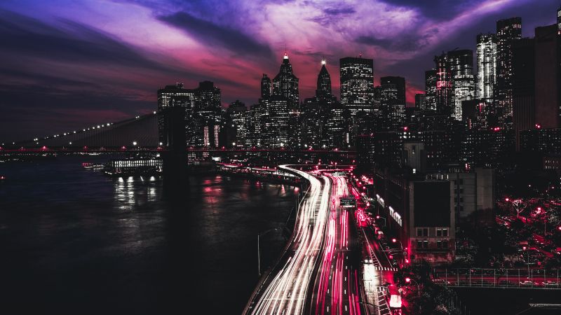 New York City, Timelapse, Manhattan, Traffic lights, Light trails, Night, Cityscape, City lights, Dark, 5K, Wallpaper