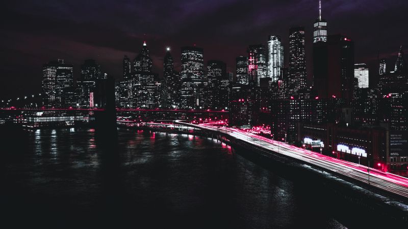 New York City, Manhattan, Traffic lights, Light trails, Night, Cityscape, City lights, Dark, 5K, Wallpaper