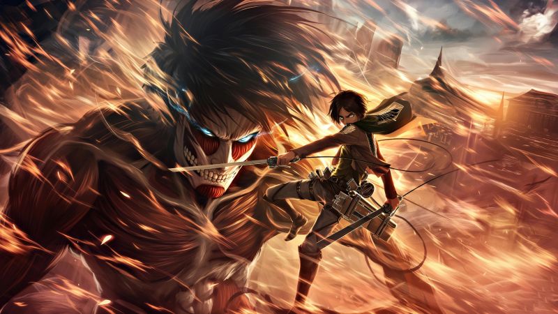 Shingeki no Kyojin, Eren Yeager, Mikasa Ackerman, 5K, Wallpaper