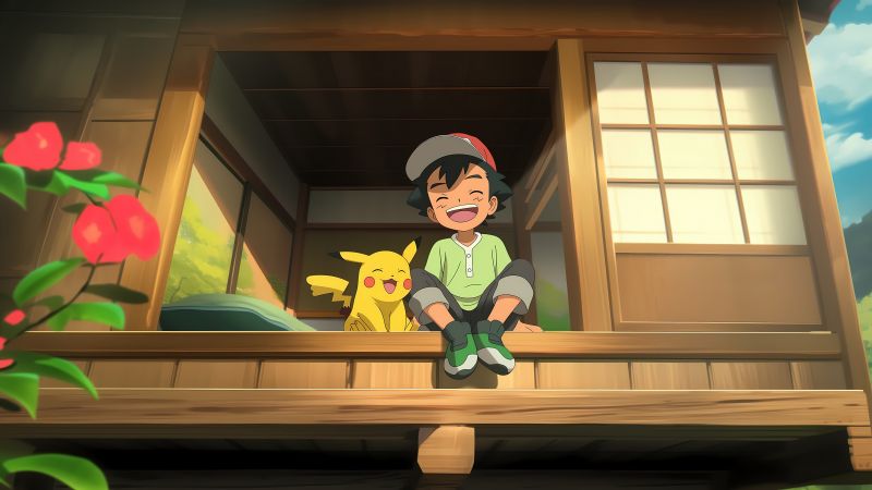 Ash Ketchum, Pikachu, Adorable, Scenic, 5K, Laughing, Pokemon