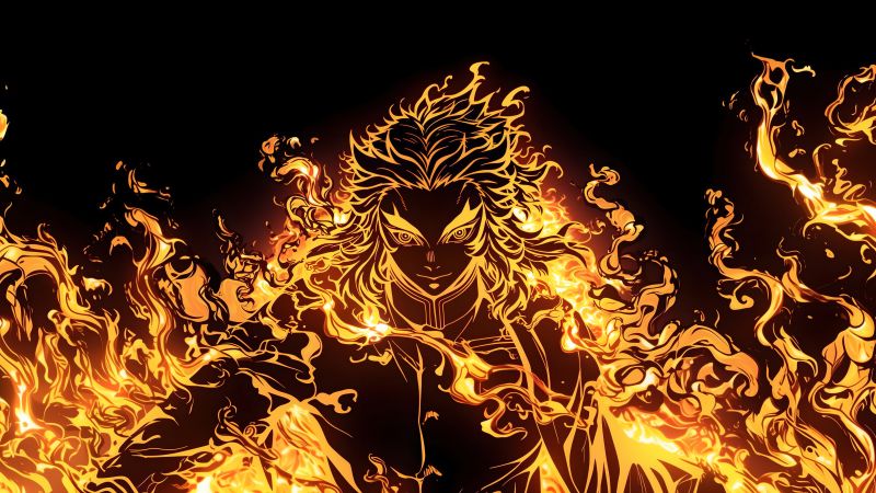 Kyojuro Rengoku, Fire effect, Demon Slayer: Kimetsu no Yaiba, Dark background, 5K