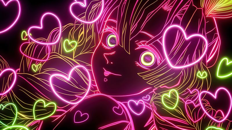 Mitsuri Kanroji, Pink aesthetic, Demon Slayer: Kimetsu no Yaiba, Pink hearts, Neon art, 5K, Wallpaper