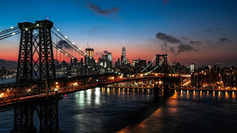 Williamsburg Bridge, Sunset, New York City, Suspension bridge, City lights, Night, Cityscape, USA, Wallpaper
