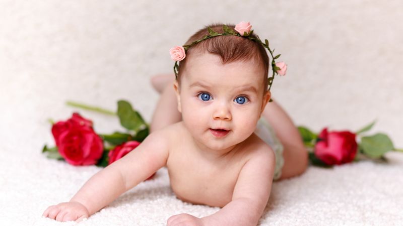Cute Baby, Rose flowers, Adorable, Blue eyes, Cute baby girl, White, 5K, Wallpaper