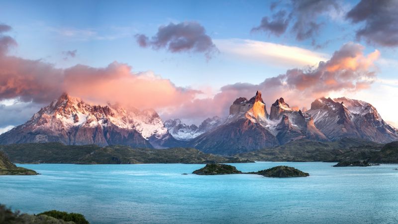 Torres del Paine National Park, Panorama, Mountains, Cloudy Sky, Sunny day, Ultrawide, 5K, 8K, Wallpaper