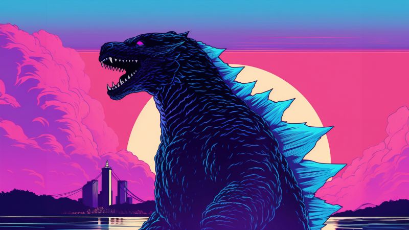 Godzilla, RetroWave art, 5K, Kaiju, Wallpaper