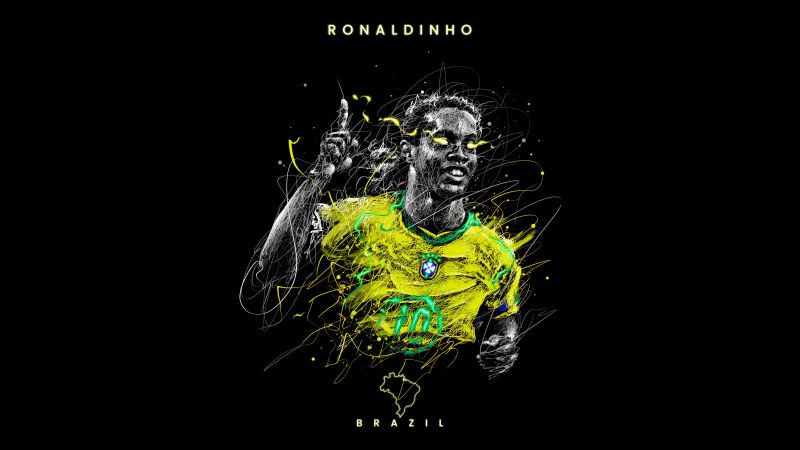 Ronaldinho, AMOLED, 5K, Brazilian Football Player, Black background, Fan Art, Wallpaper